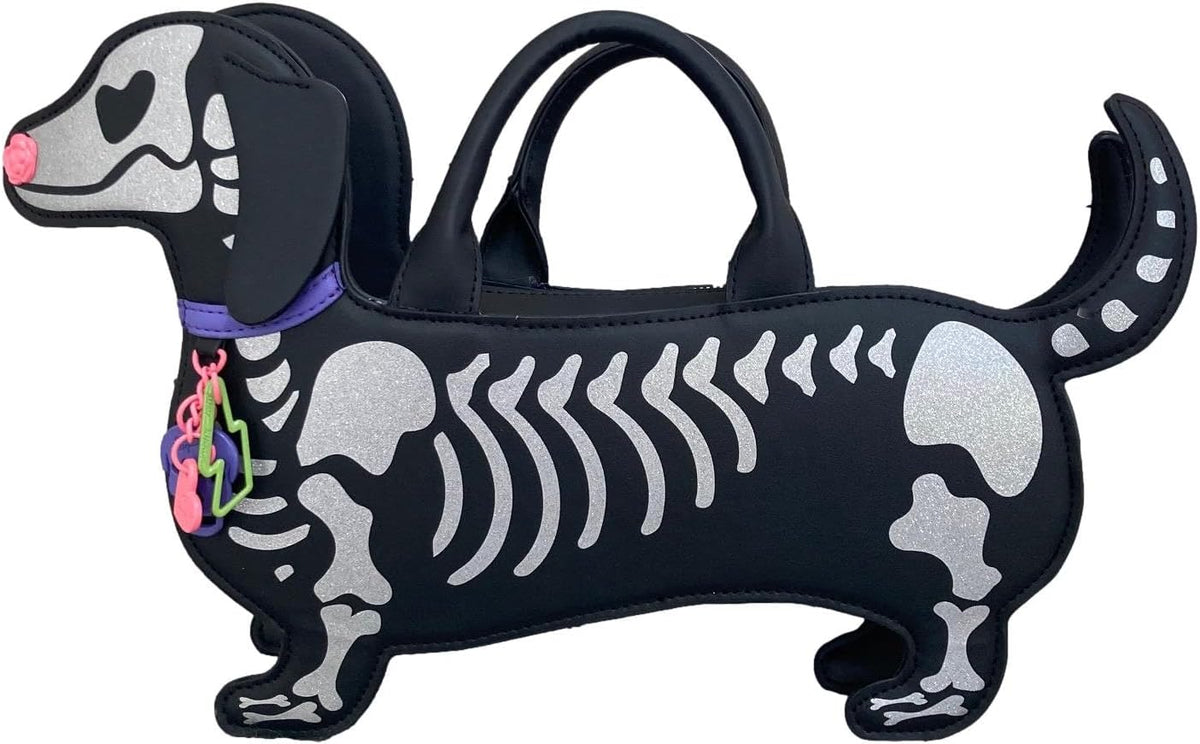 Betsey Johnson XO BARK - Perro salchicha de esqueleto de Halloween con huesos con purpurina brillante
